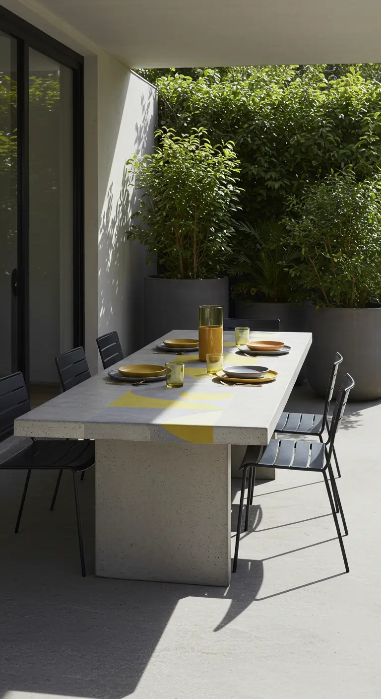 Table en béton avec bande jaune graphique, chaises en métal foncé et vaisselle minimaliste.
