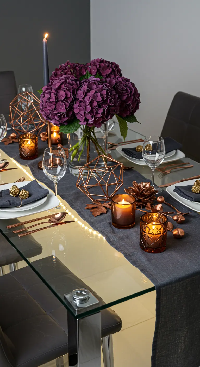 Table moderne d'automne avec chemin gris, hortensias pourpres, décorations géométriques cuivrées et guirlandes lumineuses.