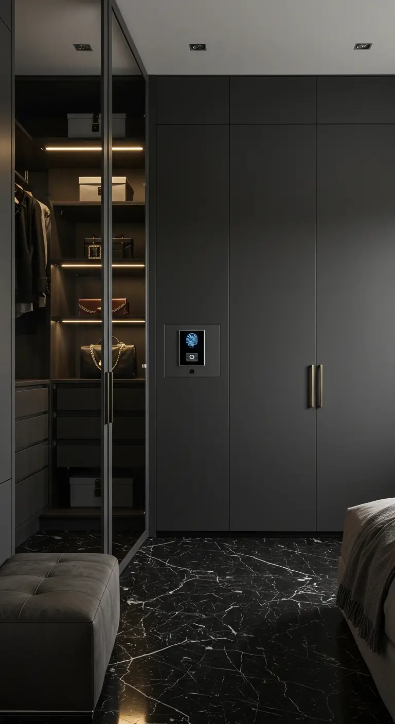 Dressing gris foncé moderne avec vitrine éclairée et serrure biométrique.