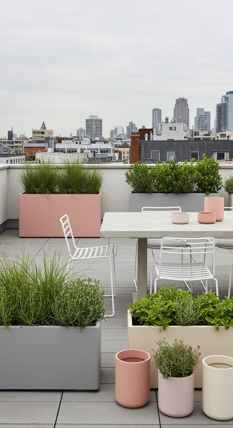 Terrasse de rooftop moderne avec des jardinières rectangulaires pastel et grises