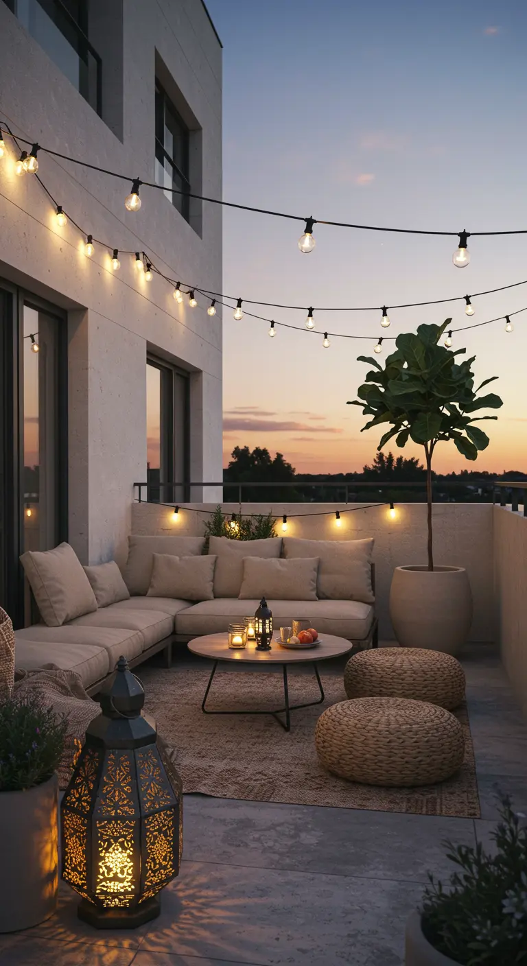Terrasse moderne et épurée avec une grande lanterne marocaine et un figuier