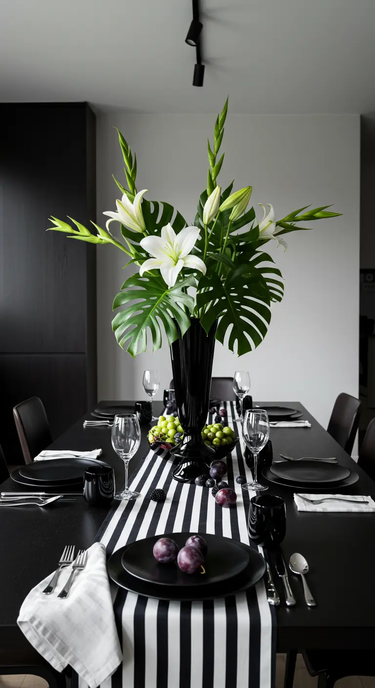 Table à manger noire avec chemin de table rayé noir et blanc, grand vase de lys et monstera.