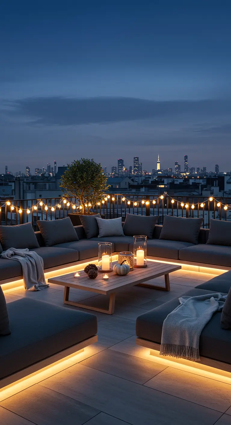 Toit-terrasse moderne avec canapés modulaires éclairés par LED, guirlandes et vue sur la ville.