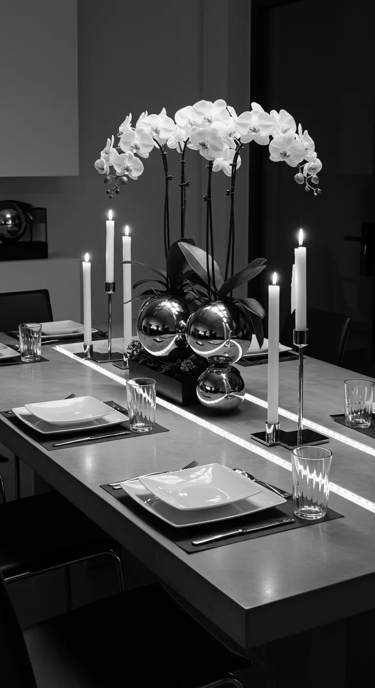 Table moderne en noir et blanc avec bougeoirs argentés, sphères décoratives et orchidée blanche.