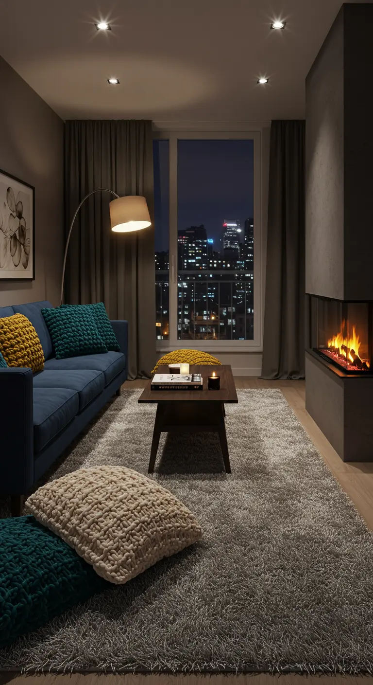 Salon moderne avec canapé bleu, tapis gris à poils longs, vue nocturne sur la ville et cheminée moderne.