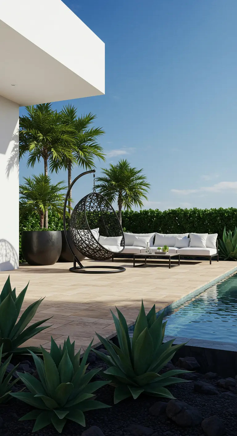 Chaise suspendue noire et canapé blanc au bord d'une piscine avec des palmiers et des agaves.