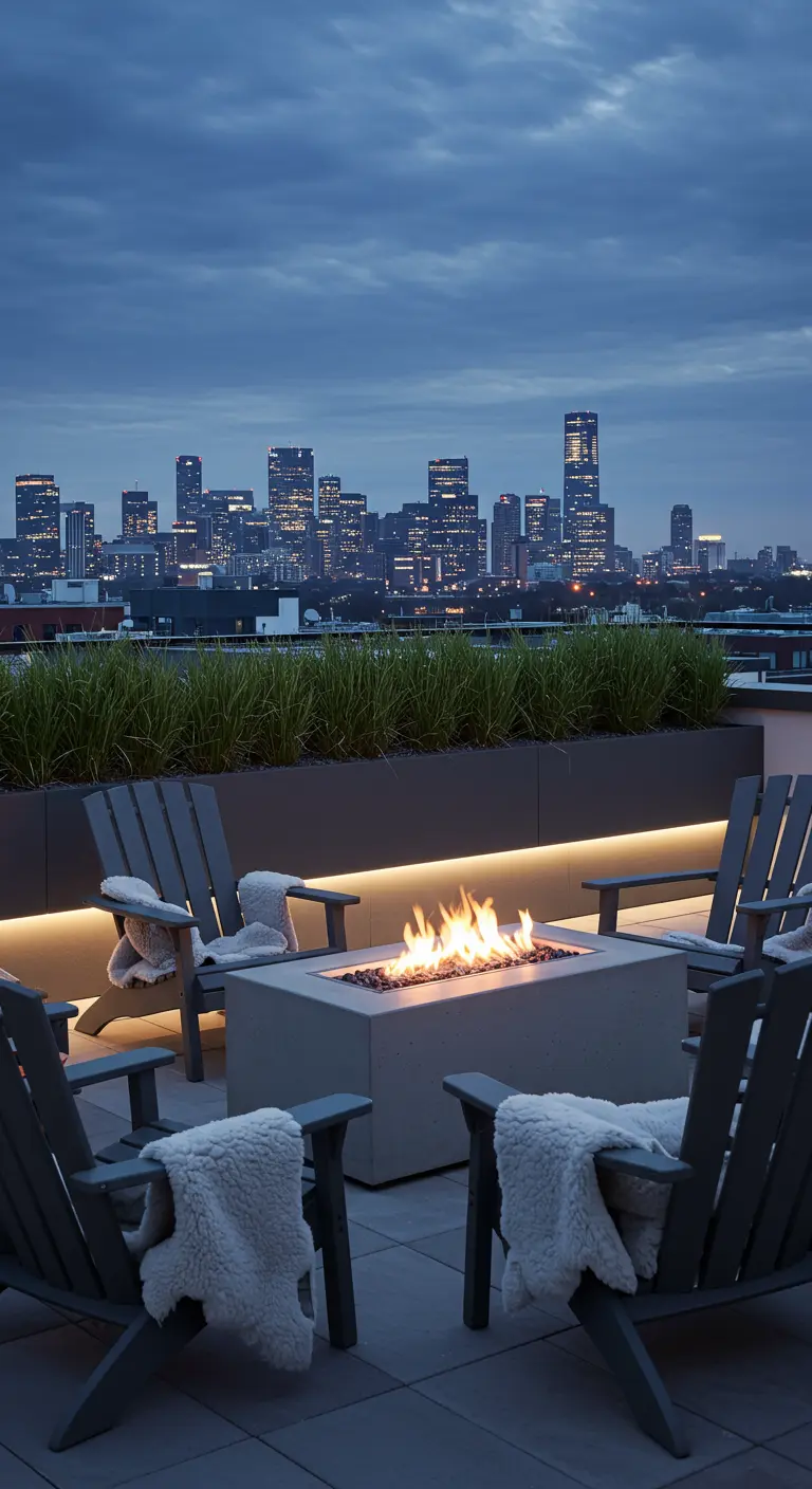 Rooftop urbain avec foyer au gaz moderne, fauteuils Adirondack gris et vue sur la ville