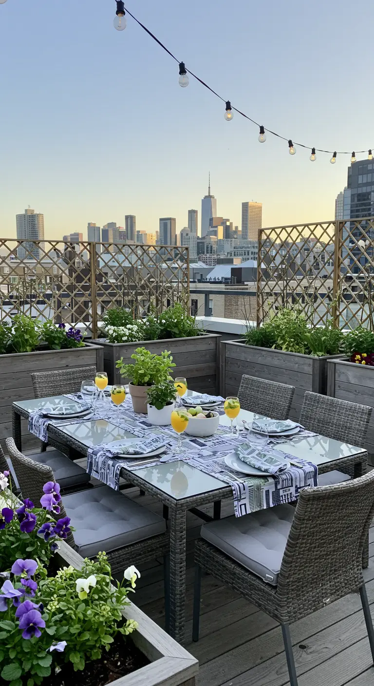 Chemin de table géométrique bleu/gris/blanc sur terrasse de toit avec skyline urbain.