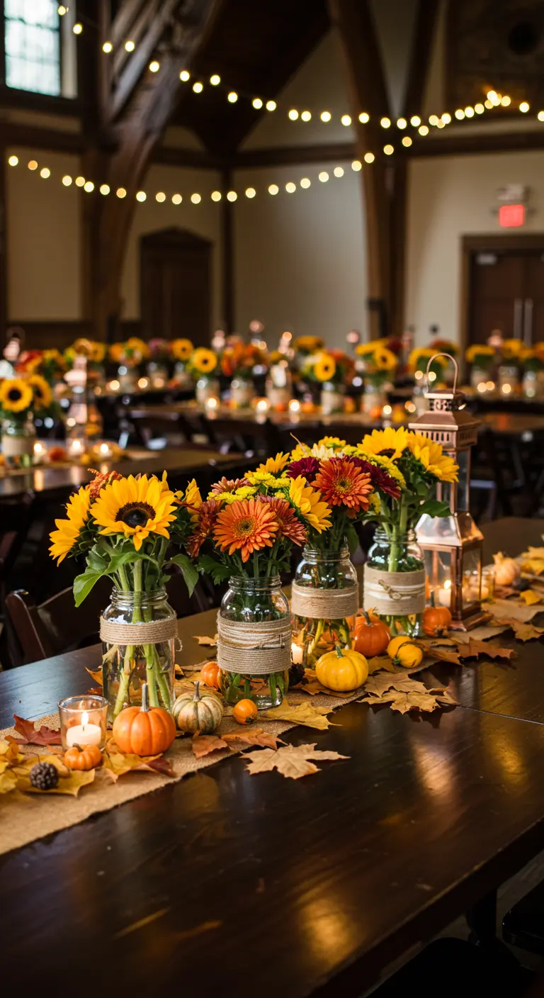 Table de mariage automnale avec tournesols en bocaux, mini-citrouilles et feuilles d'automne.