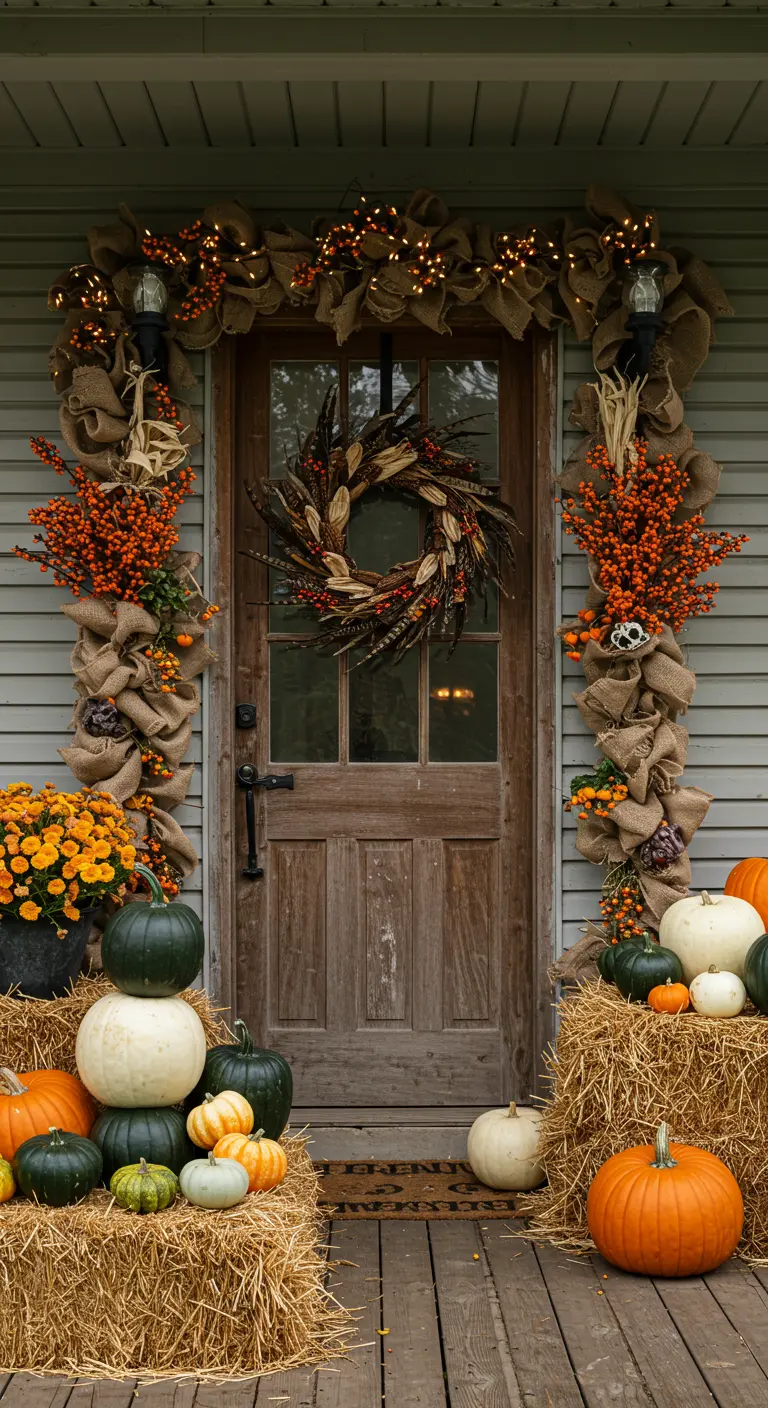 Porte en bois avec guirlande en toile de jute et citrouilles.