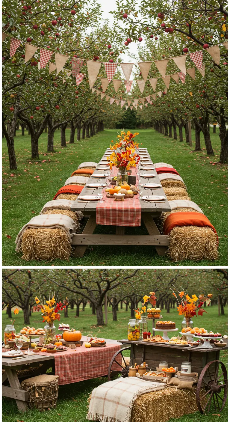 Fête dans un verger en automne avec longue table, bottes de foin et guirlandes de fanions.