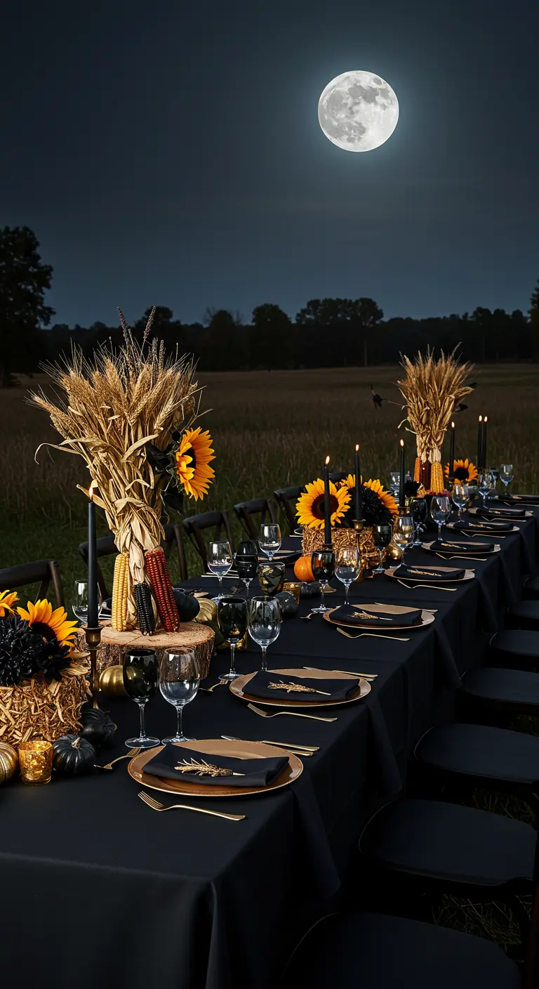 Table de dîner en extérieur avec des centres de table faits de blé et de tournesols.
