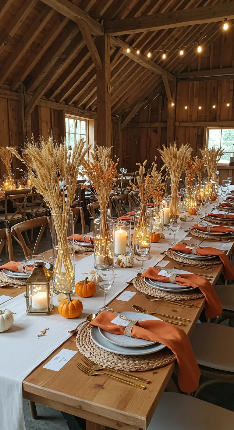 Table de fête automnale dans une grange, décorée de blé, citrouilles et bougies.