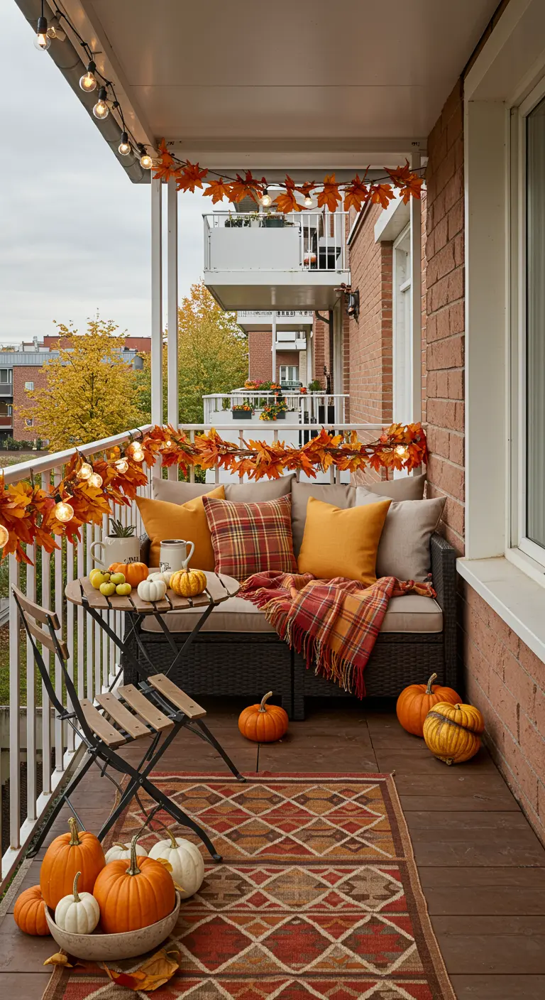 Petit balcon d'appartement décoré avec guirlandes de feuilles et citrouilles