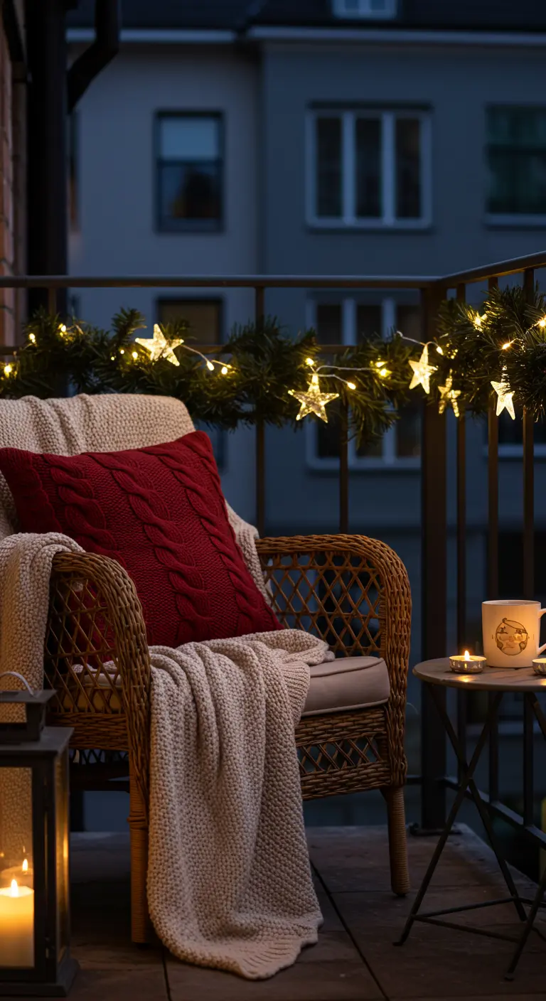 Coin balcon avec fauteuil en osier, coussin rouge, plaid et guirlande étoilée.