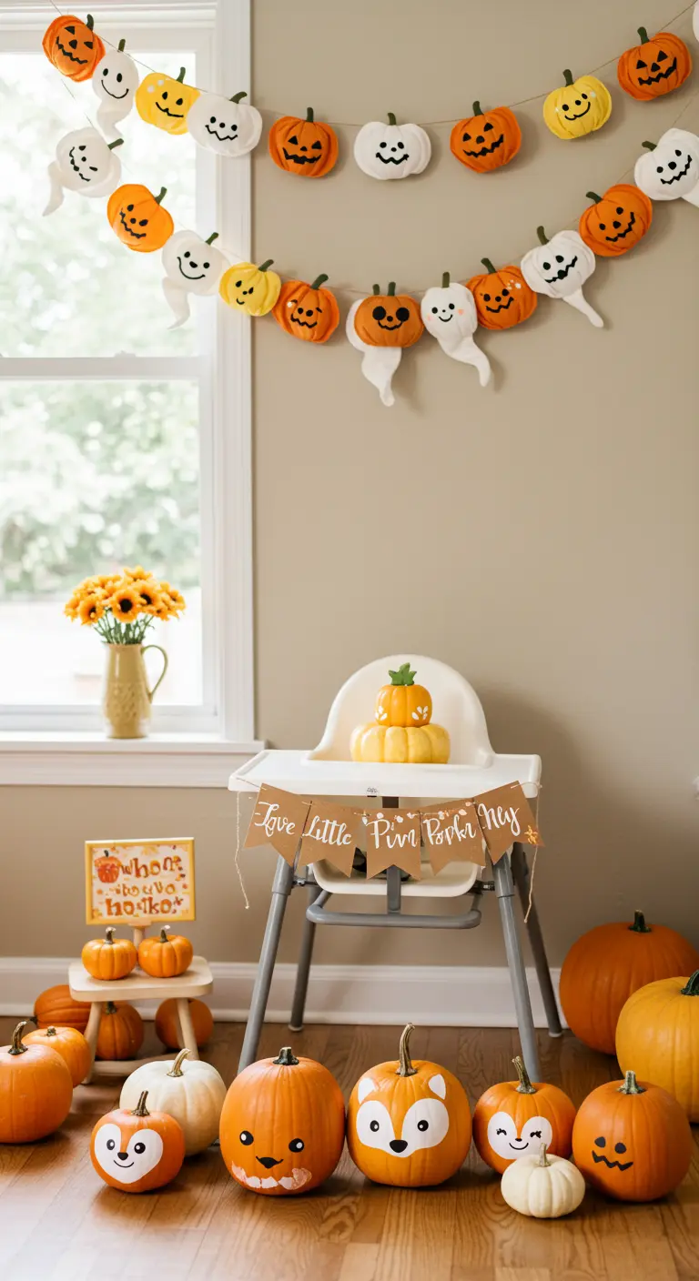 Chaise haute décorée pour un premier anniversaire sur le thème d'Halloween.