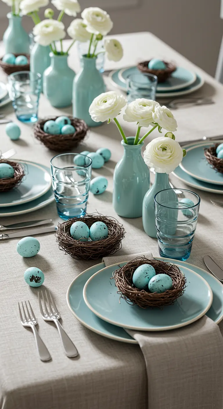 Décor de table monochrome bleu avec vaisselle, vases et œufs de Pâques bleus.