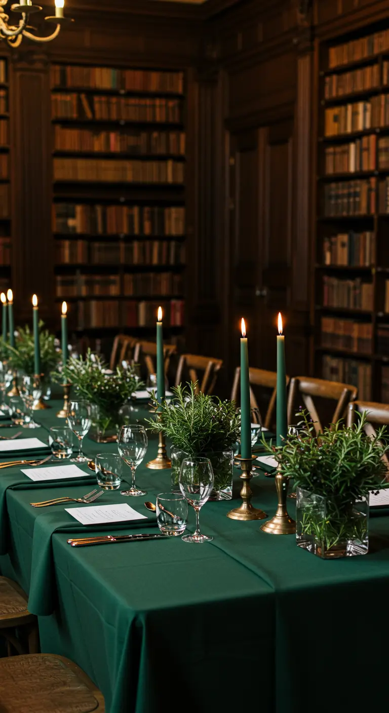 Table de réception verte avec bougies vertes et bouquets de romarin.