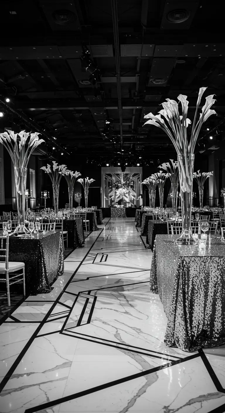 Salle de réception en noir et blanc avec des nappes à sequins argentés.