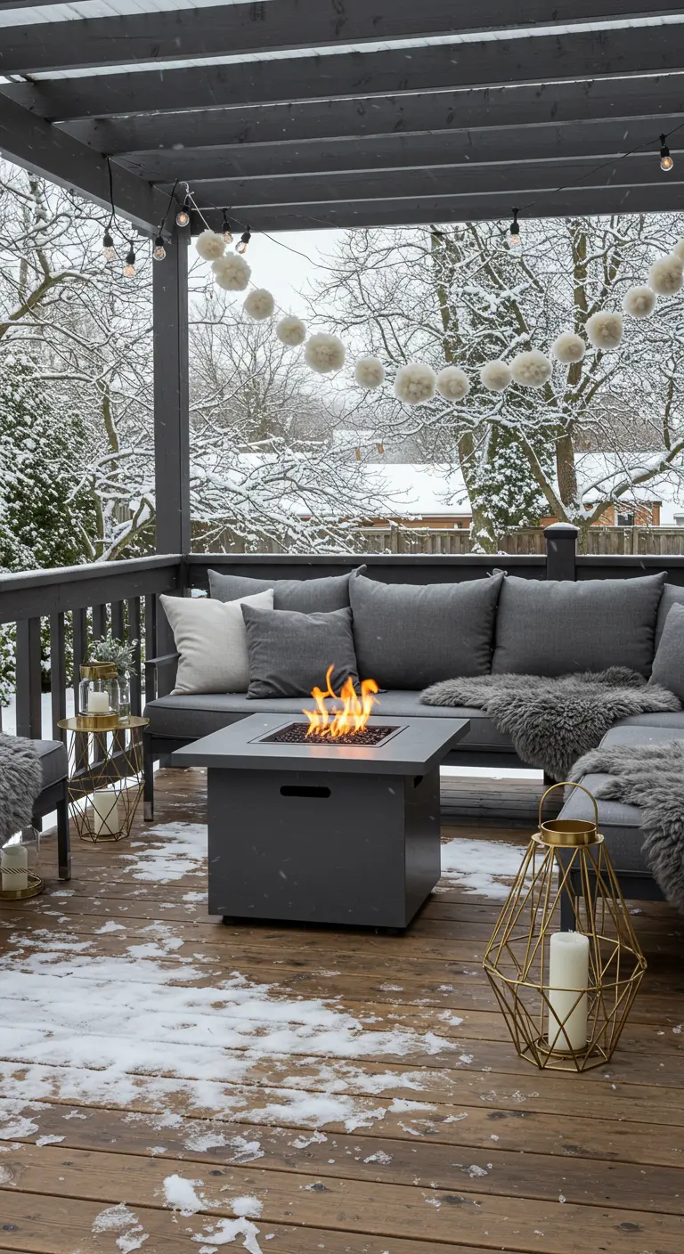 Terrasse moderne grise avec brasero central, canapé d'angle et guirlande de pompons.
