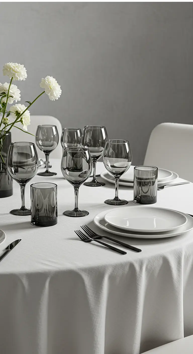 Table minimaliste avec nappe blanche, verres fumés gris et fleurs blanches.