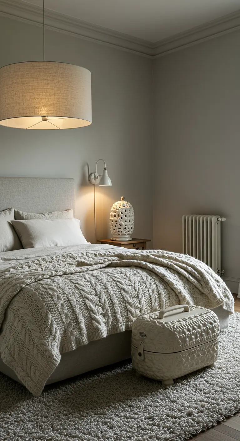 Chambre neutre et apaisante avec un grand plaid en maille torsadée.