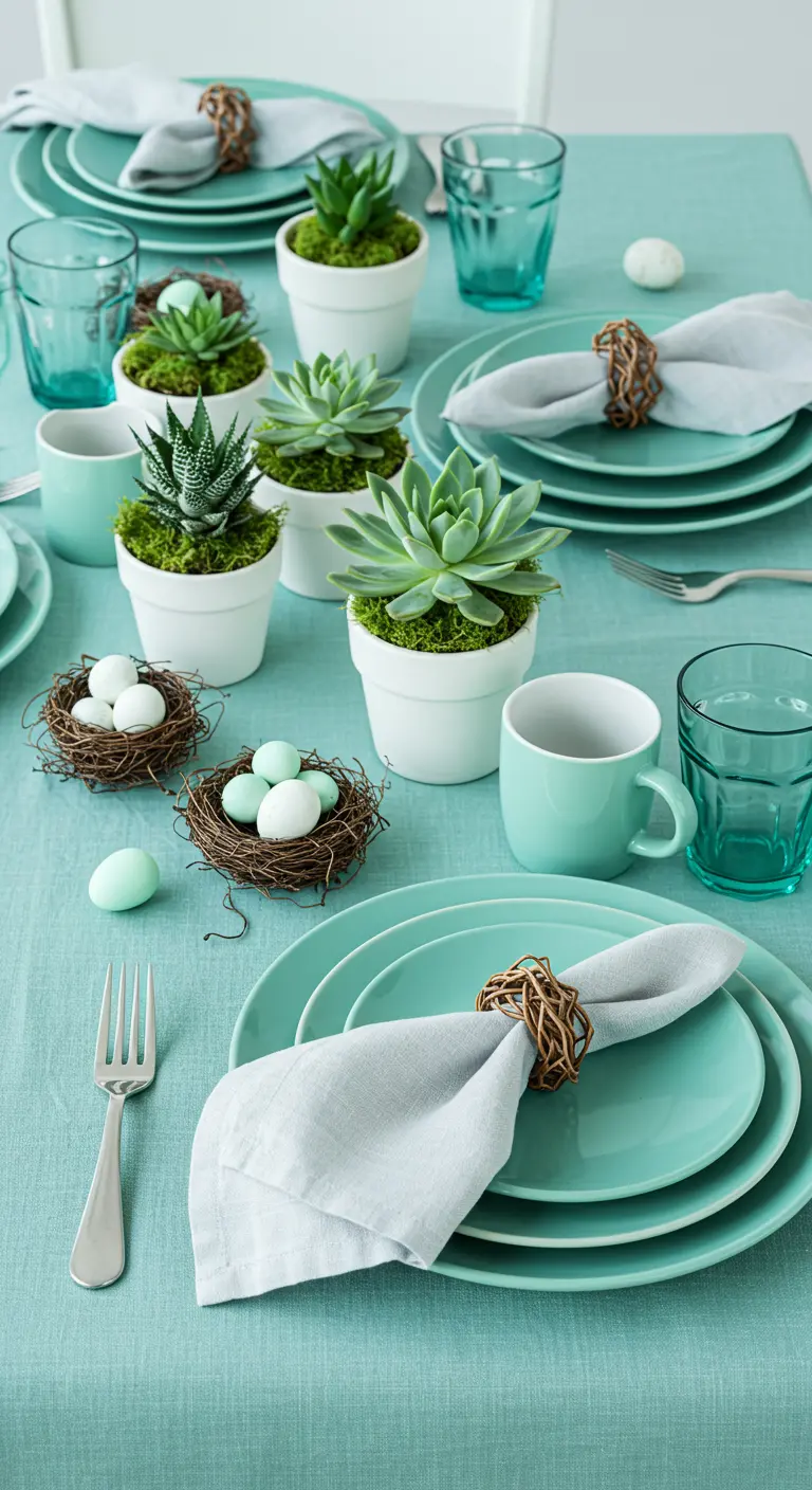 Table de Pâques monochrome vert d'eau avec des plantes succulentes en centre de table.