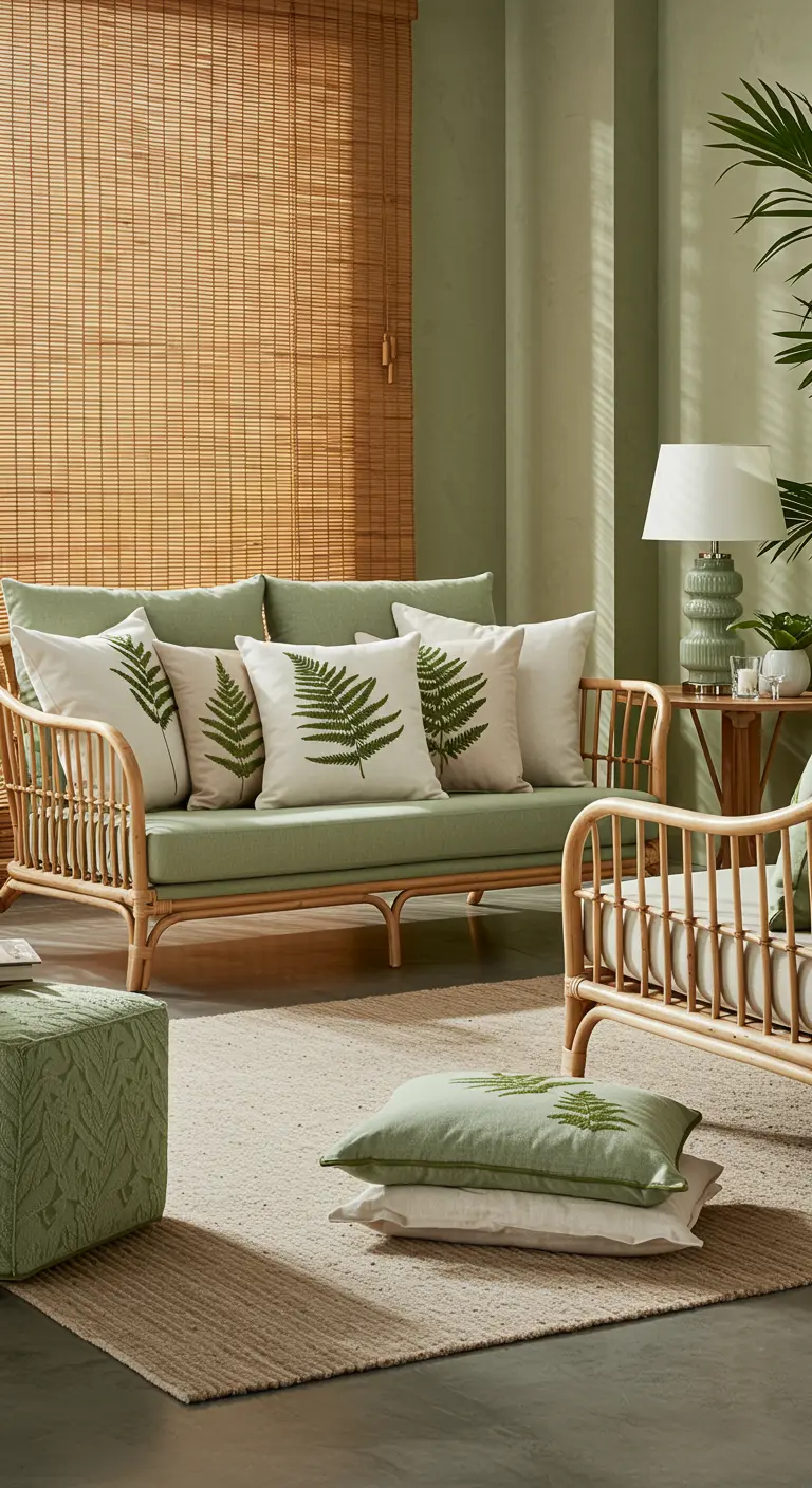 Salon monochrome vert sauge avec mobilier en rotin et coussins brodés de fougères.