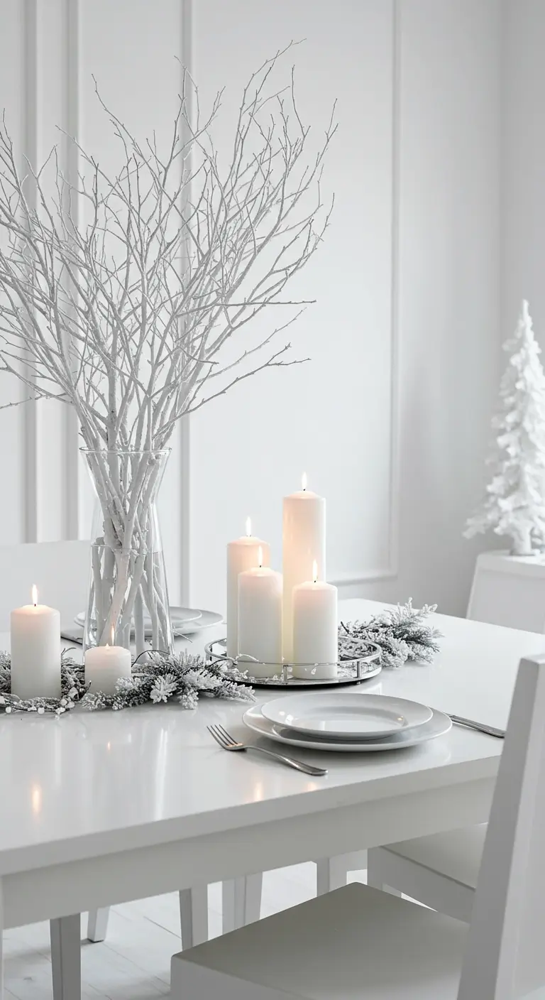 Centre de table de Noël entièrement blanc avec branches peintes et bougies piliers.