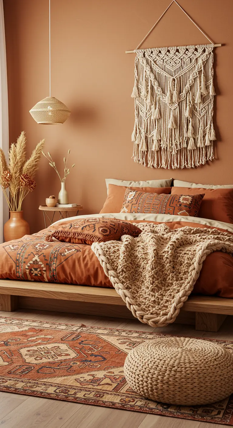 Chambre aux murs terracotta avec macramé, literie orange et grosse couverture tricotée.