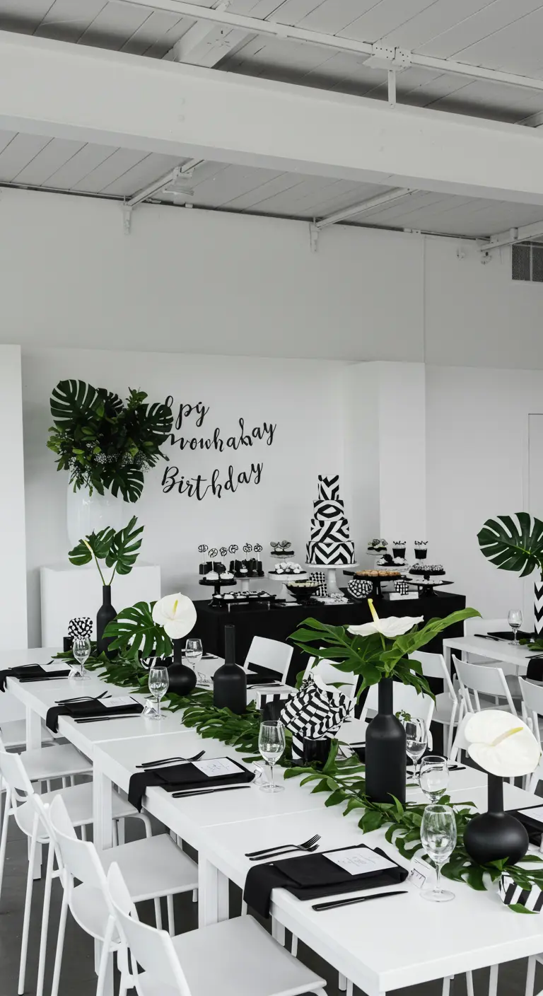 Table de fête monochrome noir et blanc avec chemins de table géométriques, plantes vertes et callas.