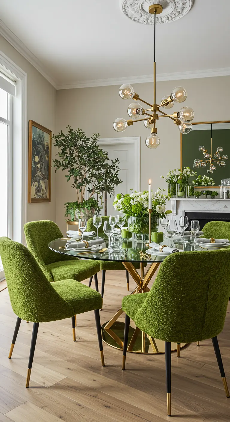 Salle à manger lumineuse avec des chaises sculpturales en tissu bouclé vert et une table en verre.