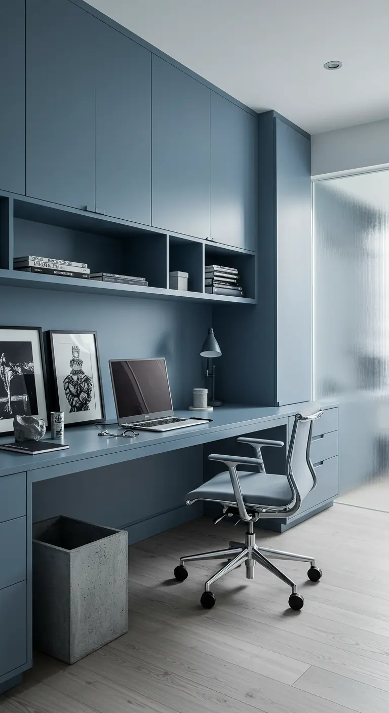 Espace de travail entièrement intégré en bleu ardoise avec des rangements du sol au plafond.