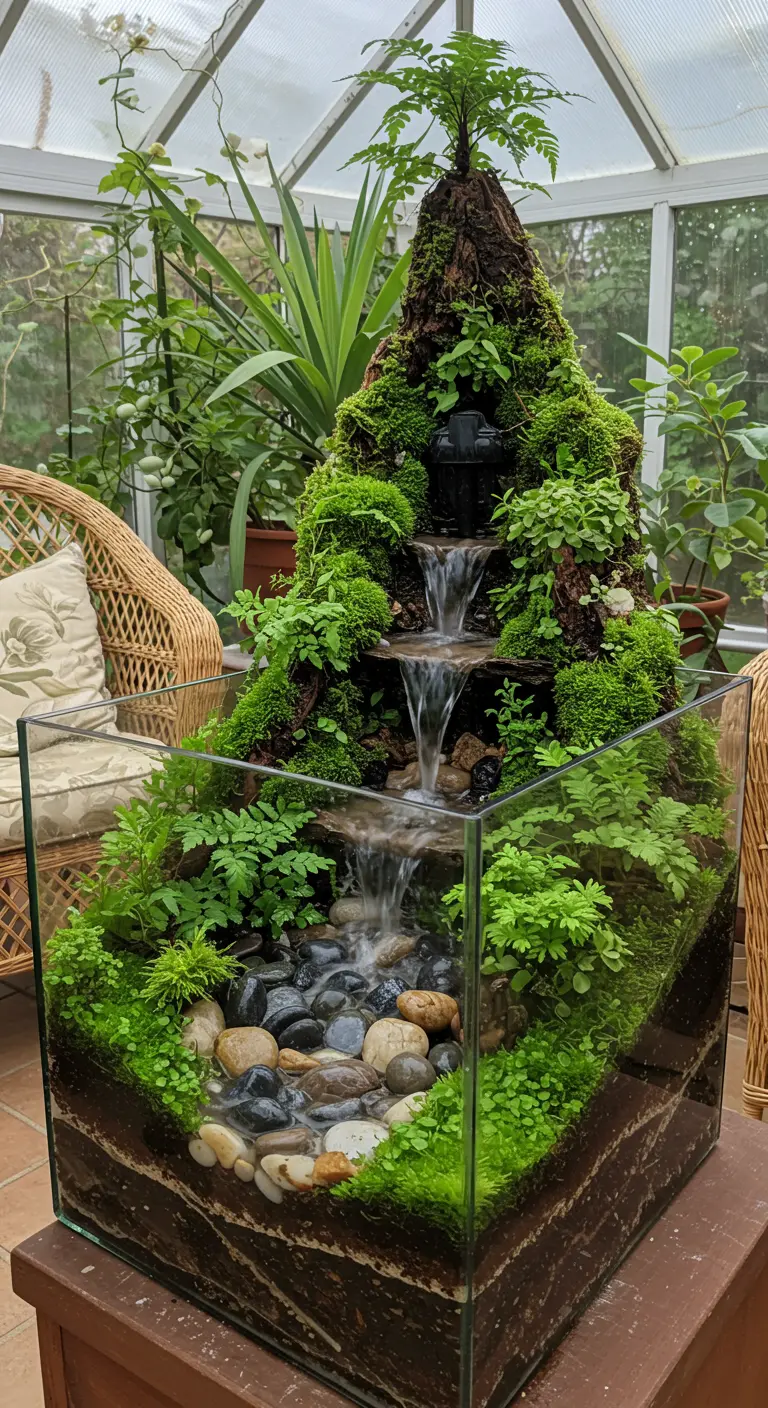 Grand terrarium avec une montagne de mousse, fougères et une cascade d'eau se déversant sur des galets.