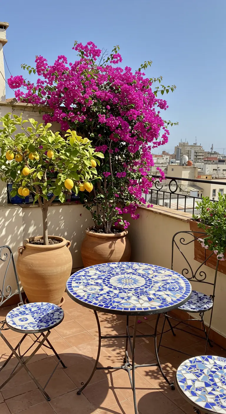 Table et chaises en mosaïque bleue sur un balcon avec bougainvillier et citronnier.