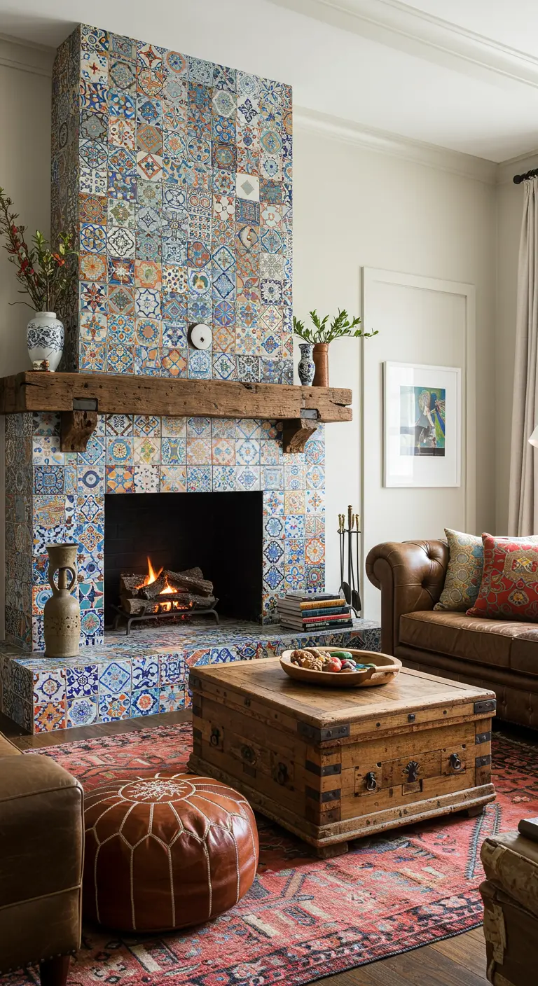 Salon bohème avec une cheminée entièrement recouverte de carreaux de ciment colorés.