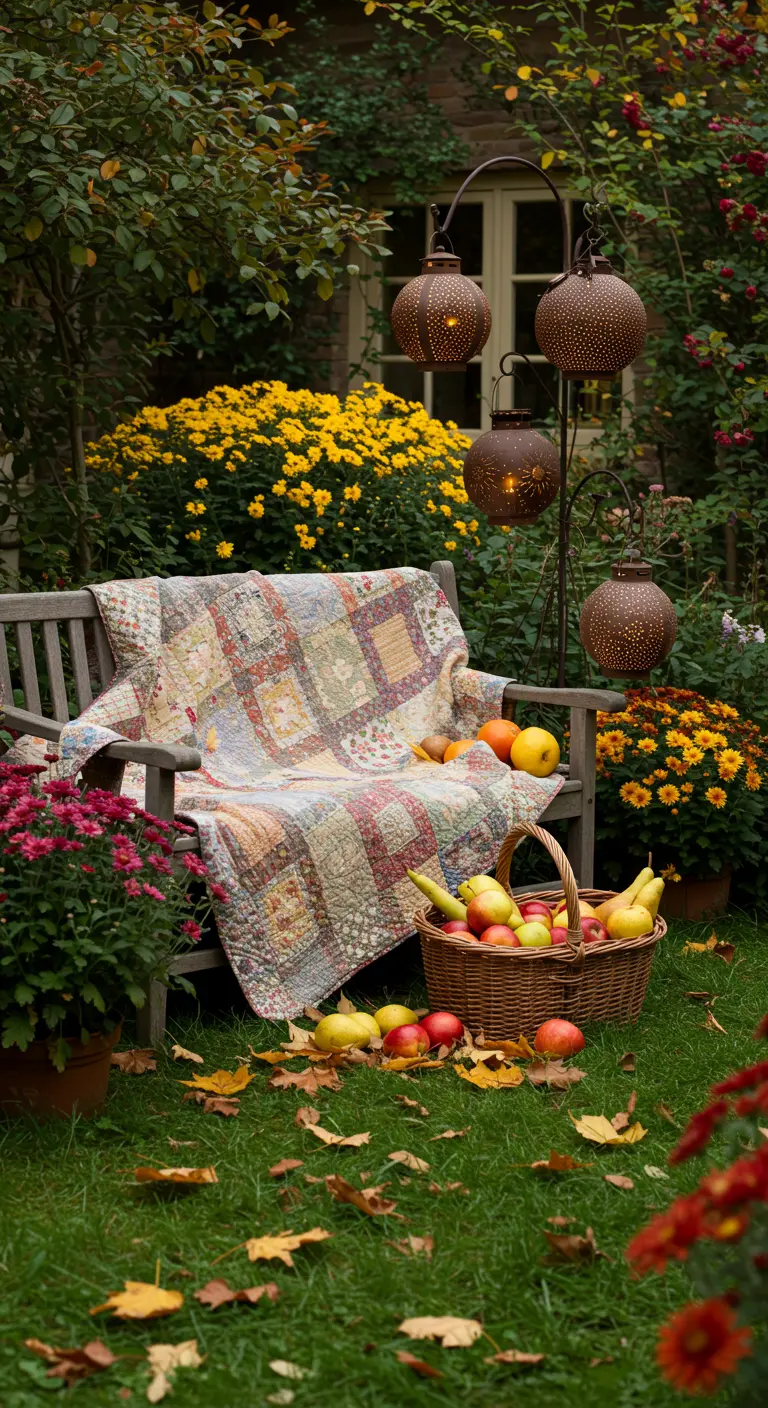 Banc en bois dans un jardin luxuriant, recouvert d'un quilt coloré et entouré de fleurs.