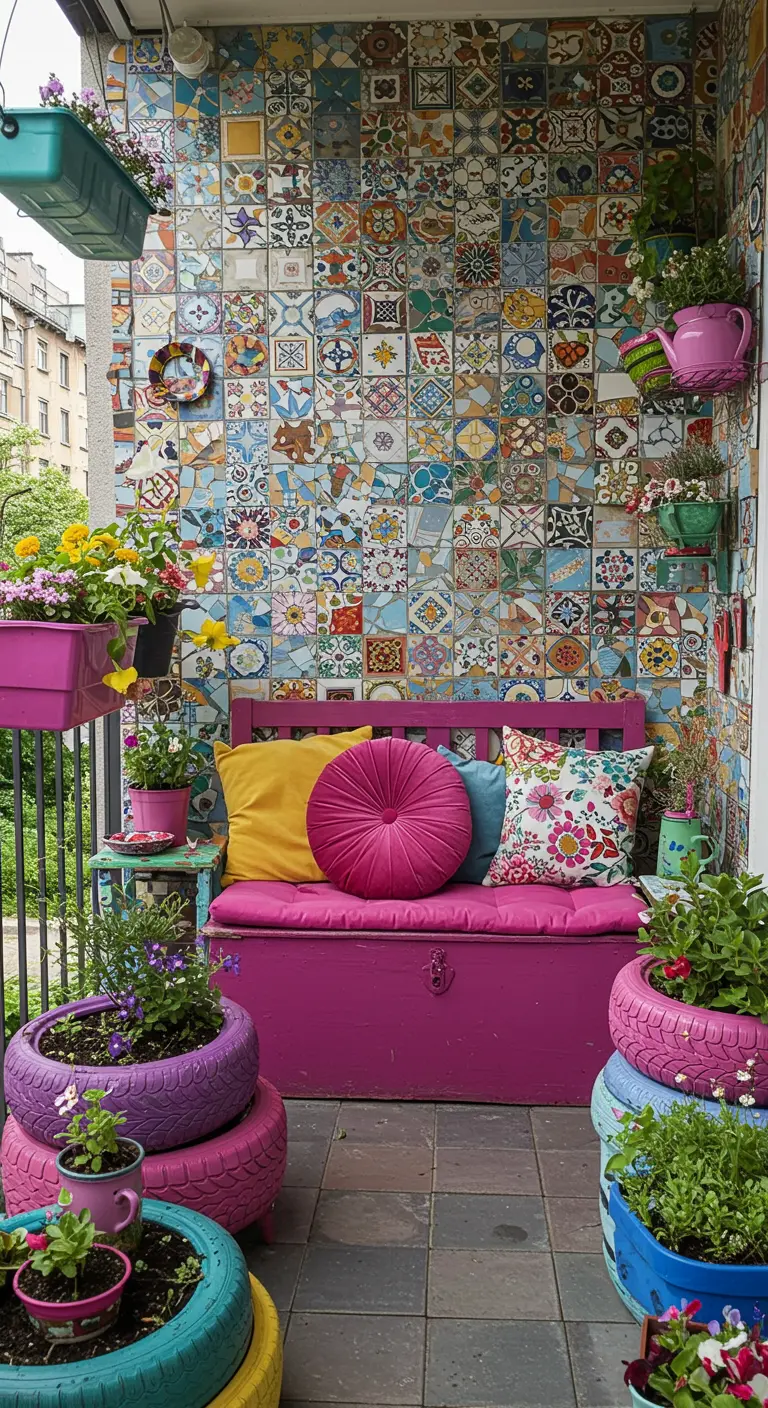 Balcon coloré avec mur de carreaux de ciment et pneus recyclés en jardinières.