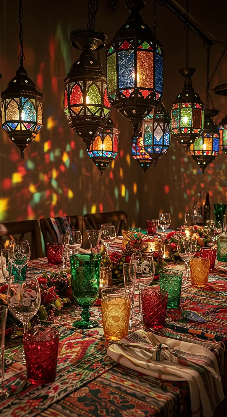 Table de fête richement décorée sous un groupe de lanternes marocaines colorées.