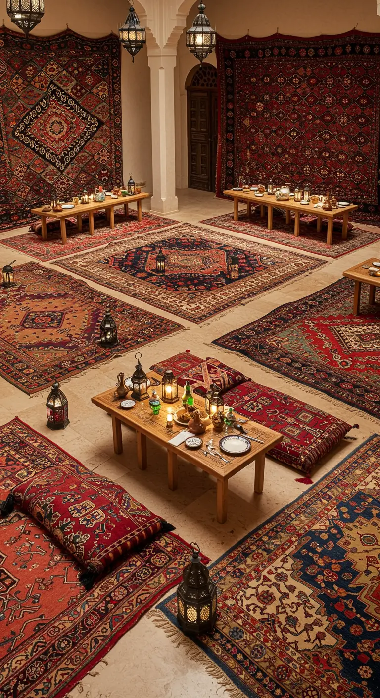 Cour intérieure marocaine avec murs couverts de tapis, tables basses en bois et lanternes au sol.