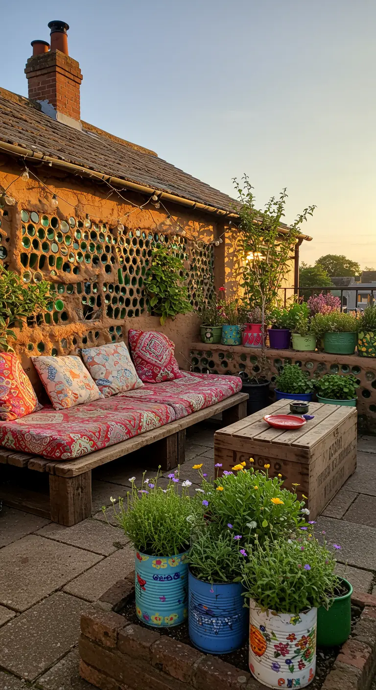 Terrasse avec un mur fait de bouteilles en verre recyclées et un banc coloré