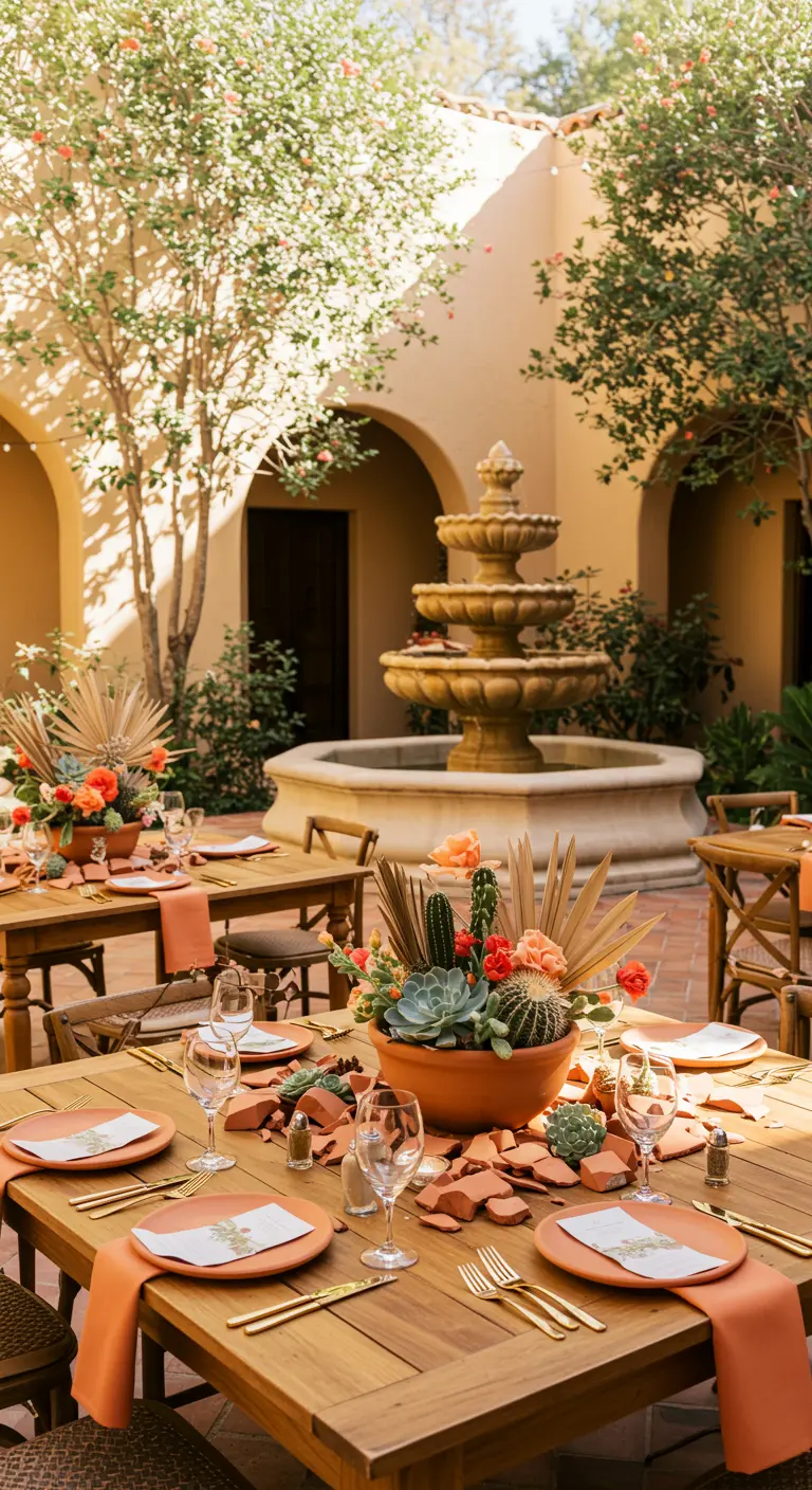 Centre de table avec cactus, succulentes et morceaux de poterie sur une table en bois.