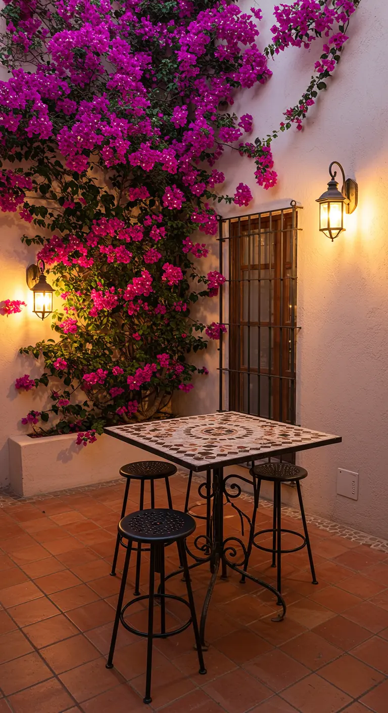 Table en mosaïque sous un bougainvillier en fleurs fuchsia.