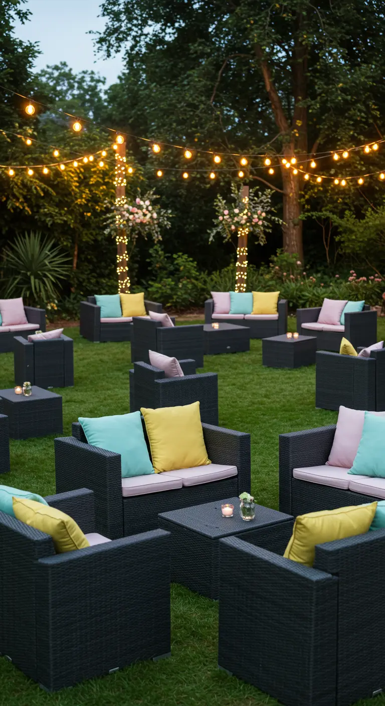Plusieurs petits salons de jardin en rotin noir avec des coussins pastel multicolores sur une pelouse.