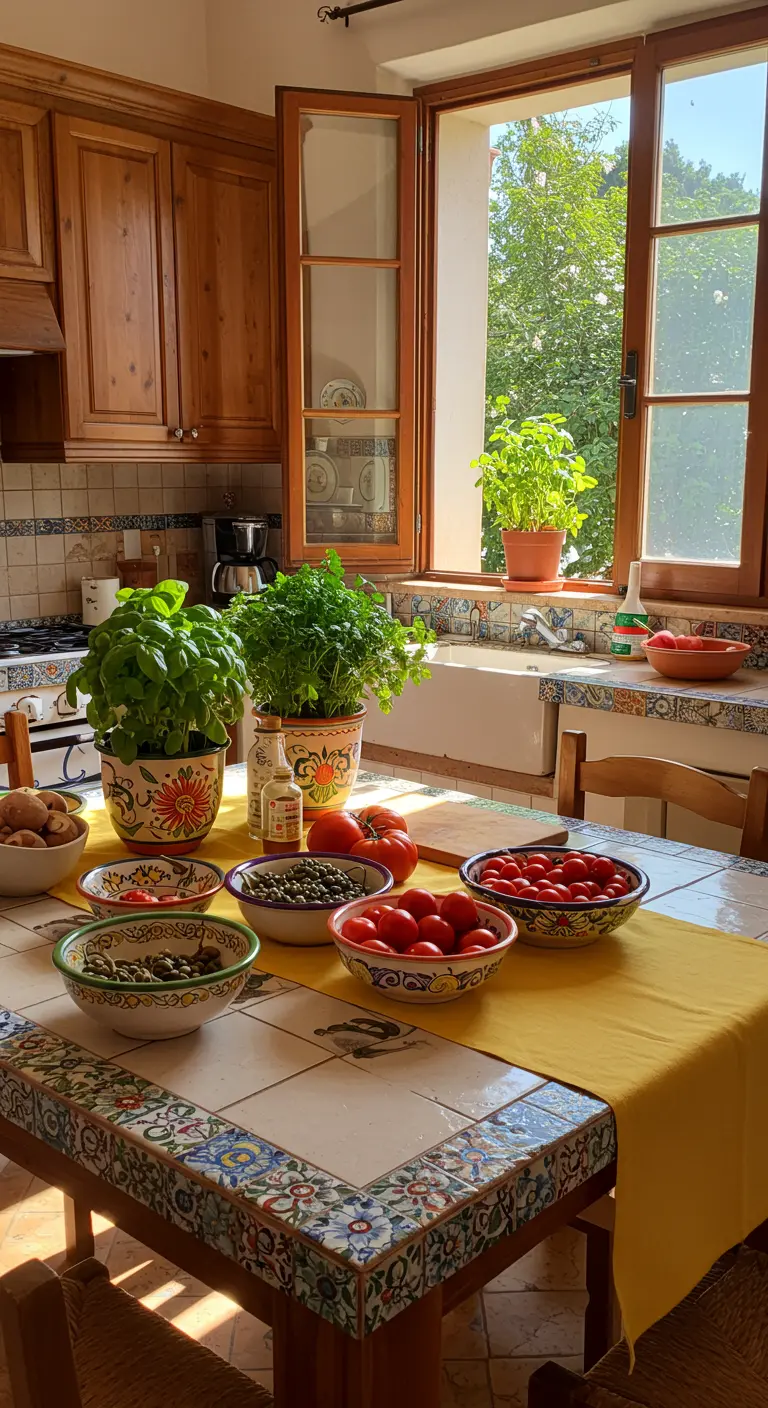 Table carrelée dans une cuisine ensoleillée avec des bols de tomates.