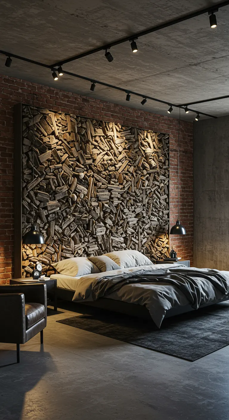 Mur entier derrière un lit recouvert d'une mosaïque de petits morceaux de bois flotté.