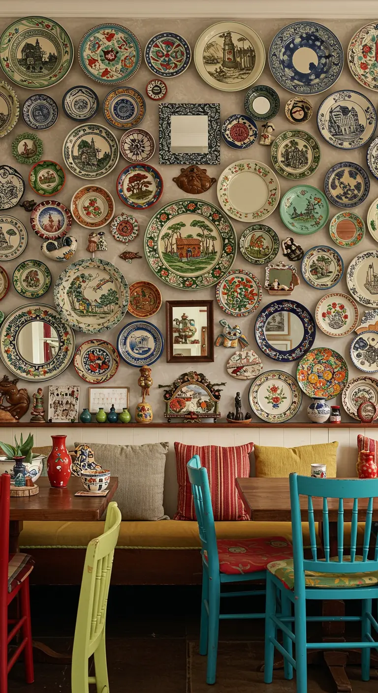 Mur entièrement recouvert d'une collection éclectique d'assiettes en céramique vintage.