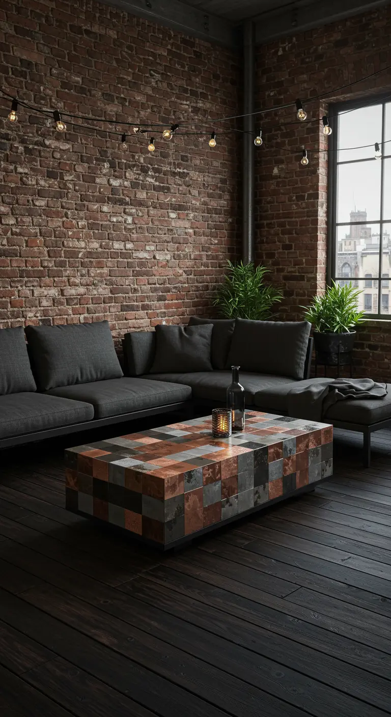 Table basse en mosaïque de carreaux métalliques dans un loft industriel.