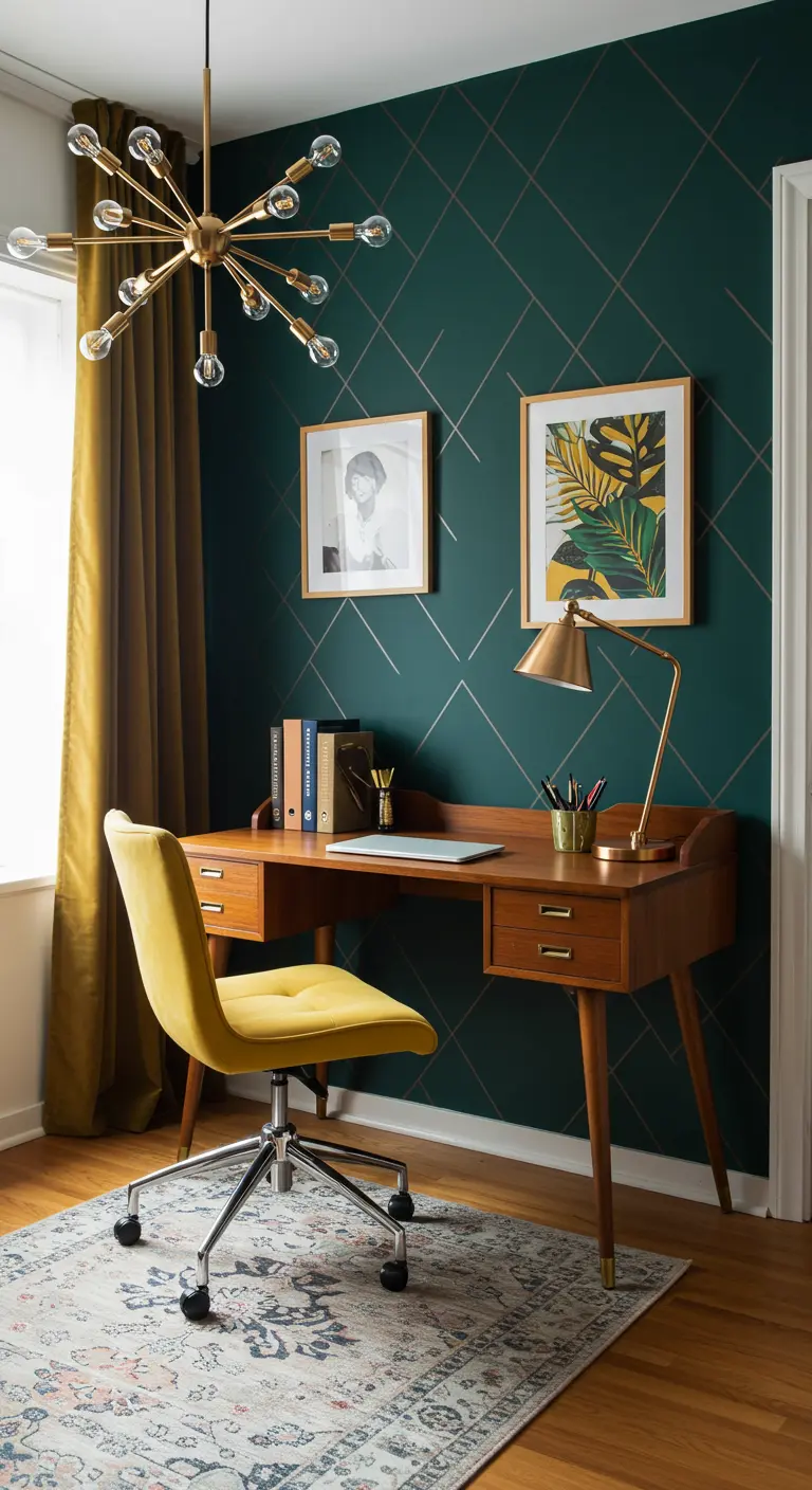 Bureau élégant avec mur vert foncé à motifs géométriques, bureau en bois et chaise jaune