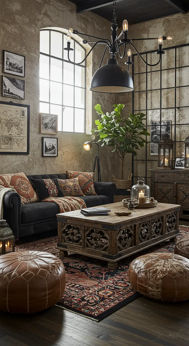 Salon industriel avec mur texturé, table basse sculptée, canapé noir, coussins ethniques et poufs en cuir.